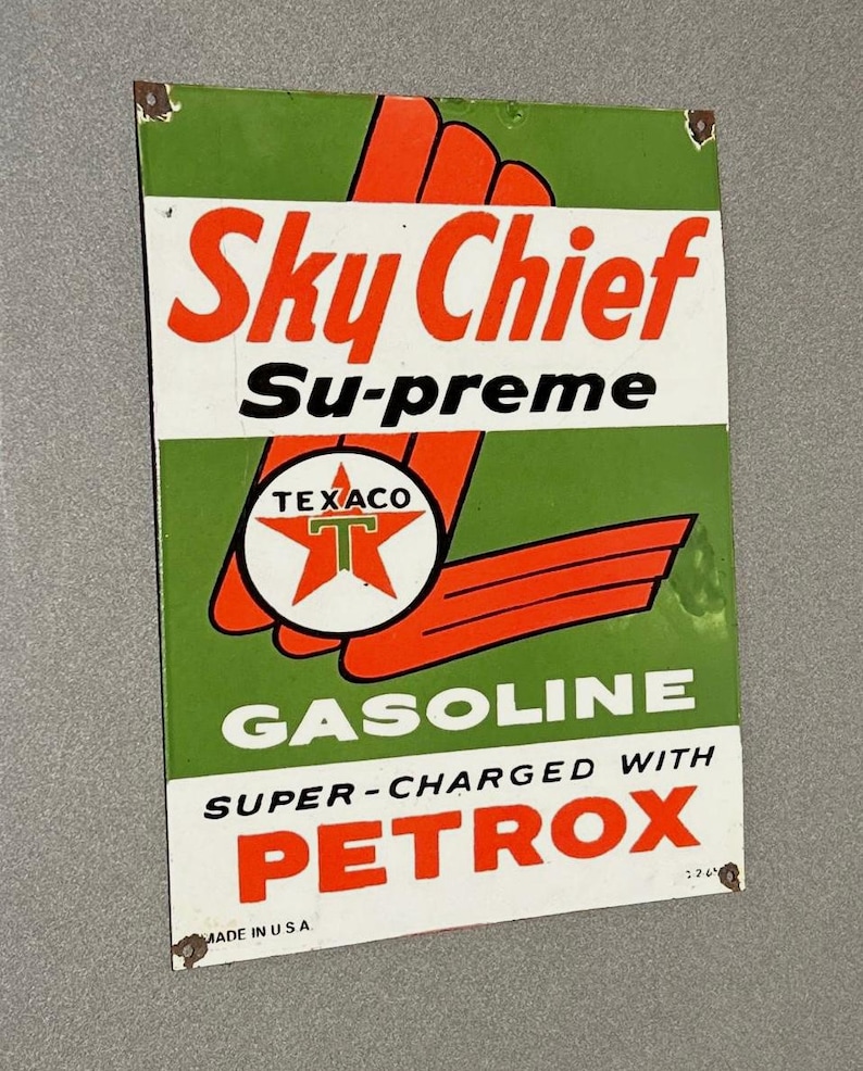 VINTAGE 18” 1965 TEXACO Sky Chief Porcelain Sign Car Oil Gas Truck ...
