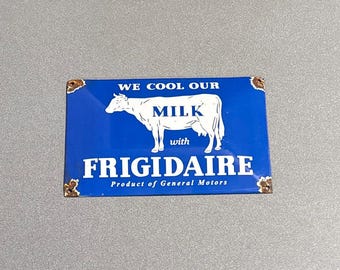 VINTAGE 12” Domed FRIDGIDARE FARM Cow Porcelain Sign Car Truck Gas Oil Motorcycle