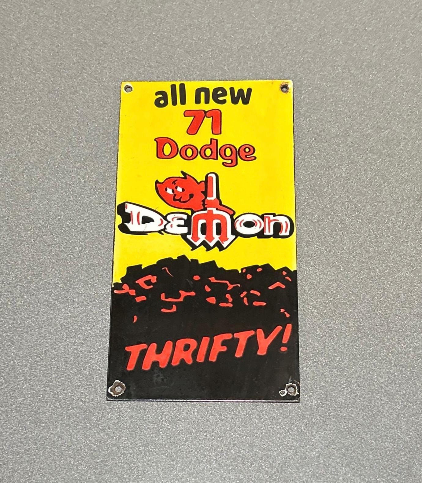 VINTAGE 12”1971 DODGE DEMON Porcelain Sign Car Oil Gas Truck