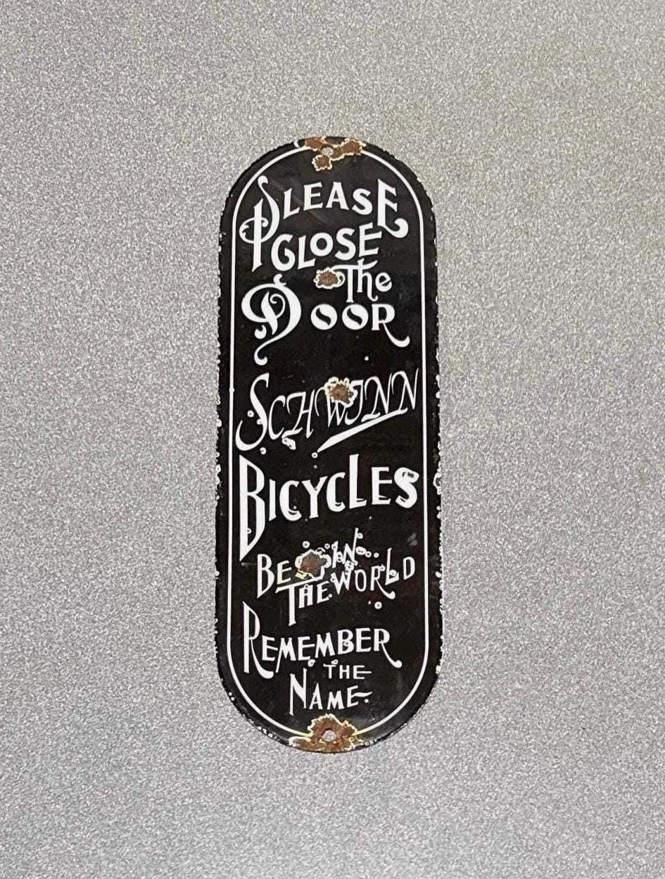 VINTAGE SCHWINN BICYCLE Door Palm Push Porcelain Sign Gas Oil