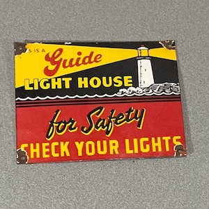 VINTAGE BEACON LIGHTHOUSE Sign Car Oil Porcelain Sign