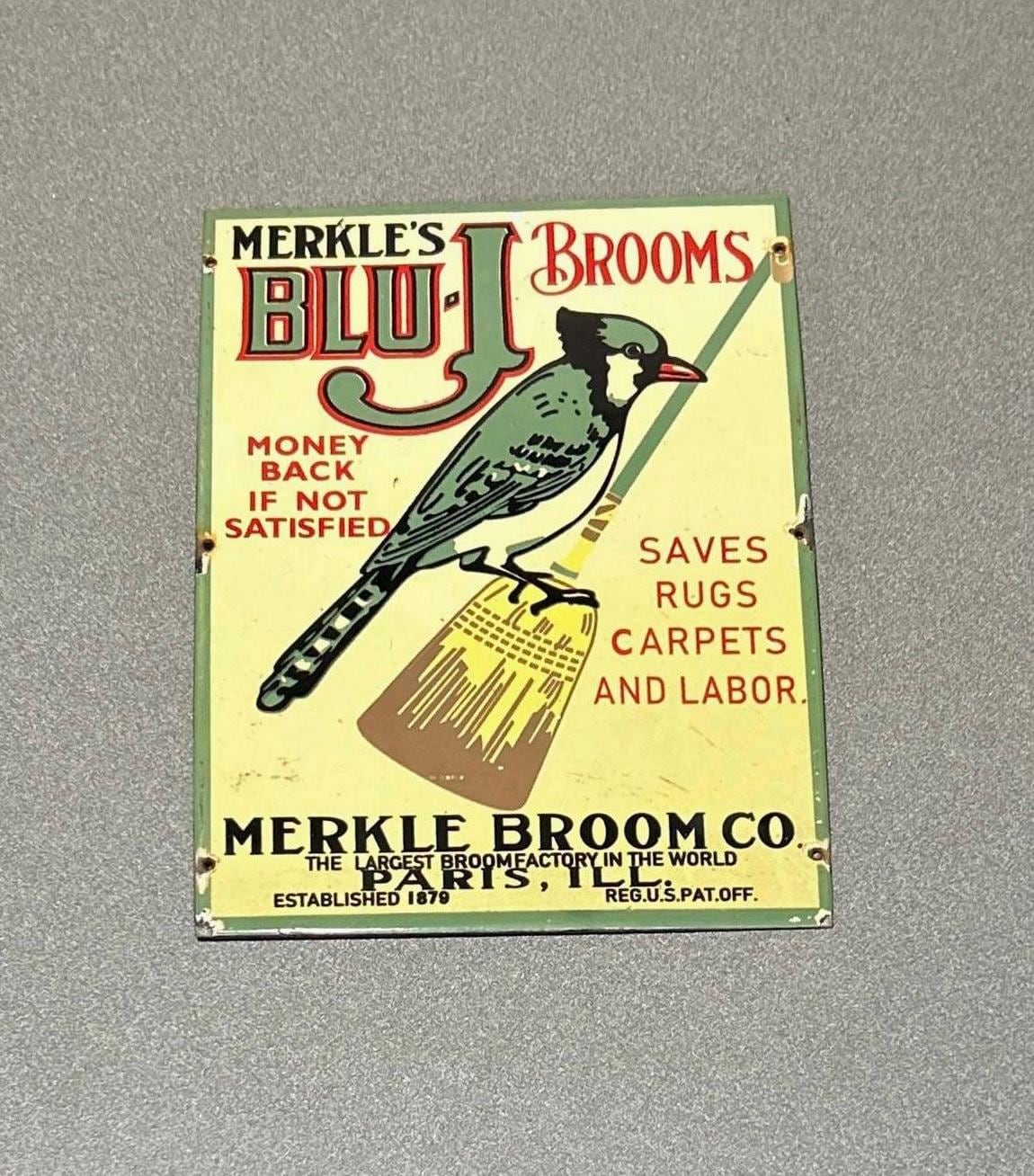 VINTAGE 12” Vrare BLU-J Merkle Brooms Porcelain Sign Motor Gas Oil