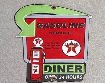 Letrero de porcelana vintage de TEXACO GASOLINE para autos, camiones, aceite y motocicletas.