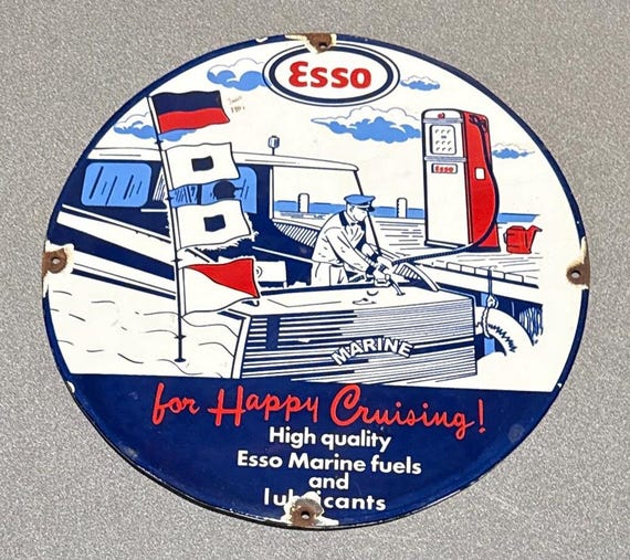 VINTAGE 12” ESSO MARINE Boat Porcelain Sign Gas Oil Car Motorcycle
