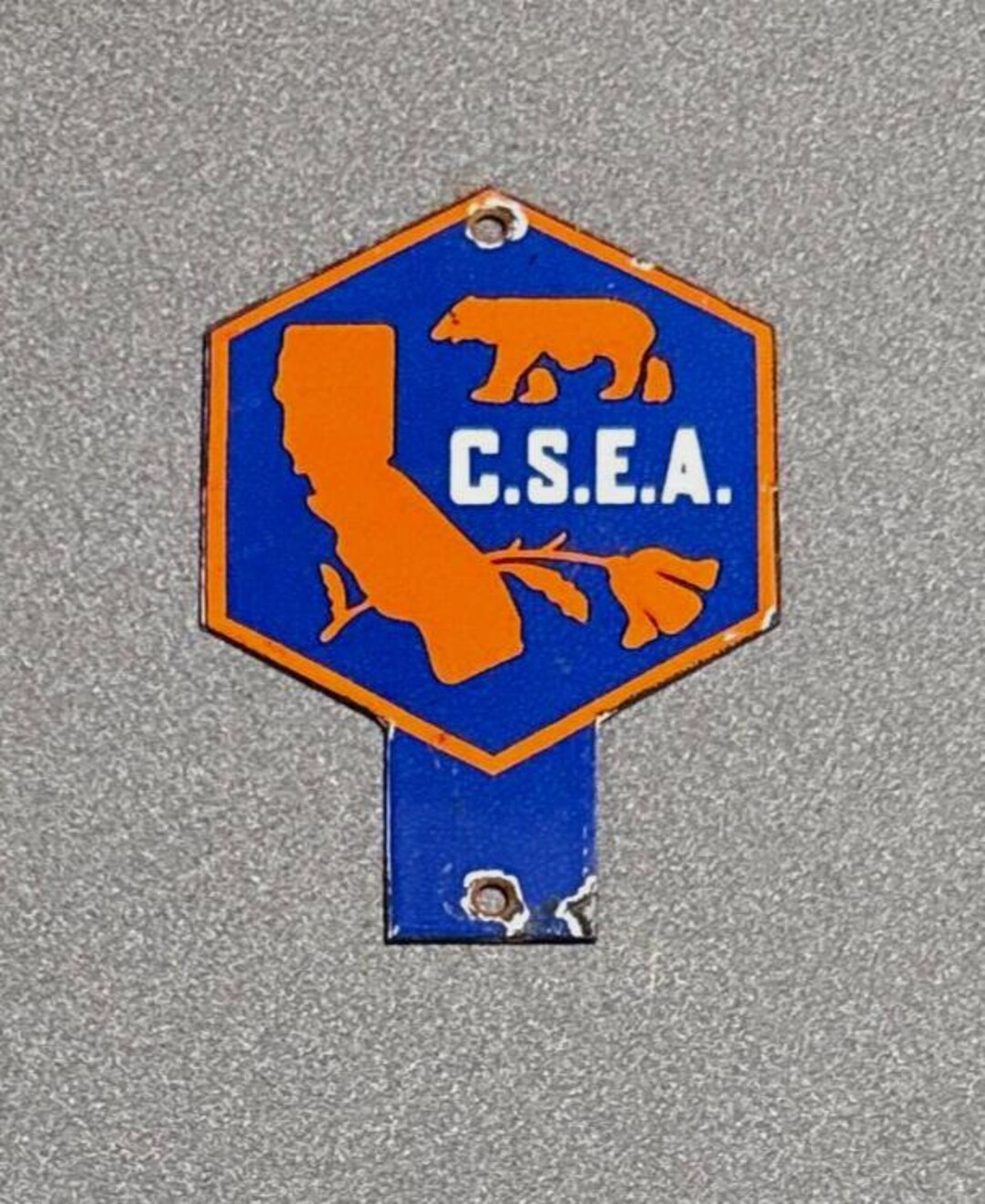 VINTAGE CSEA CALIFORNIA Plate Topper Porcelain Sign Car Oil Gas Truck ...