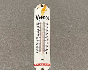VINTAGE VEEDOL 12” Thermometer Porcelain Sign Car Oil Gas Truck