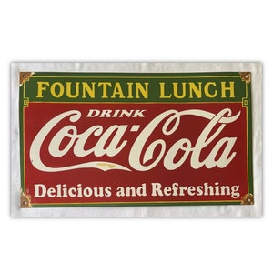 VINTAGE 24” COKE Coca-Cola Soda Fountain Lunch Store Porcelain Sign Gas Oil Car Truck Motorcycle