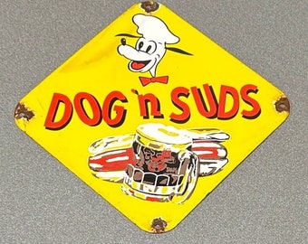VINTAGE 12” DOGS N Suds Goofy Disney Porcelain Sign Car Oil Gas Truck