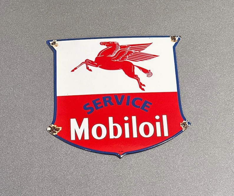 VINTAGE 12” MOBIL PEGASUS Gasoline Shield Porcelain Sign Car Oil Gas ...