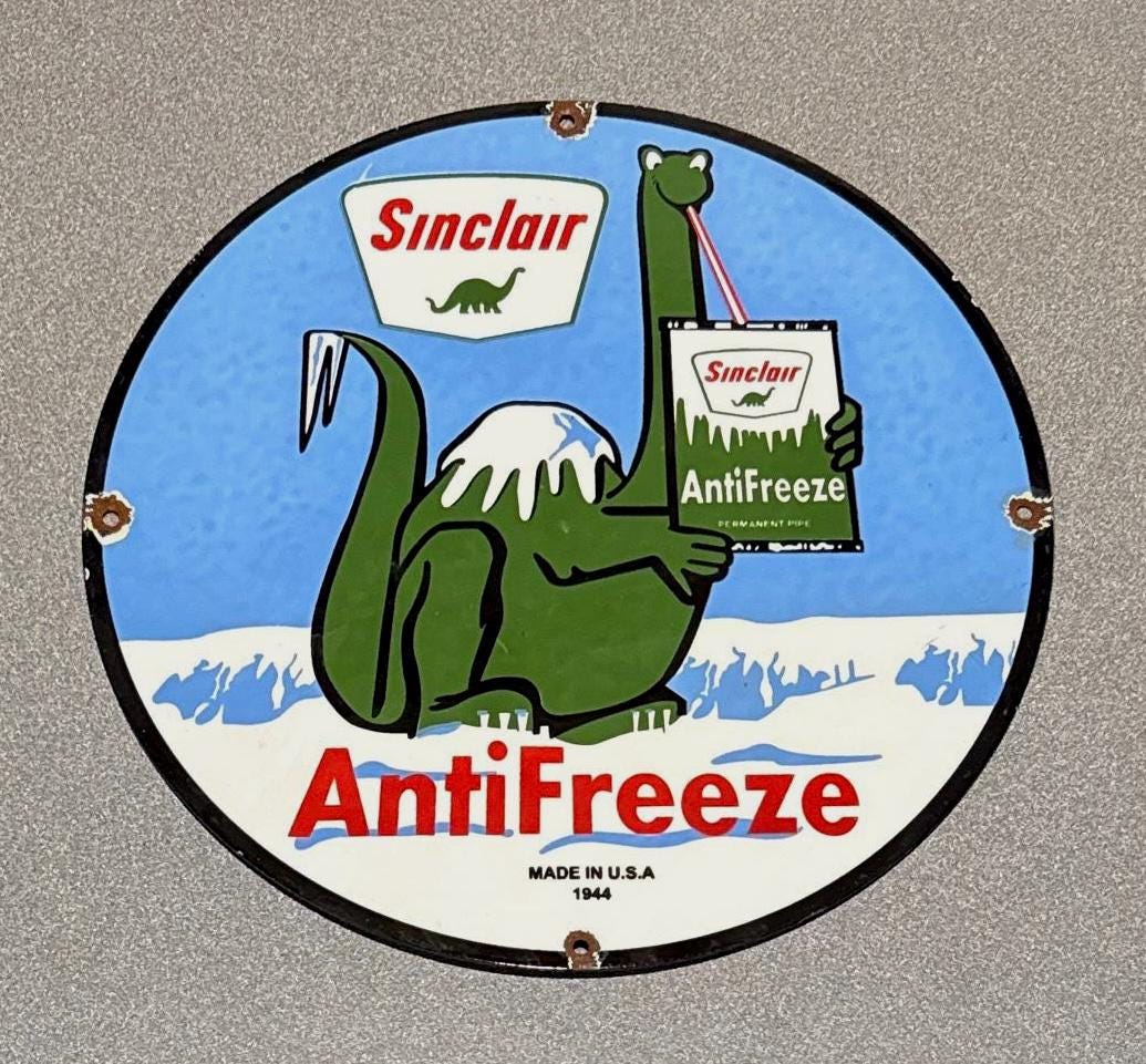 VINTAGE 12” 1944 SINCLAIR DINOSAUR Anti Freeze Porcelain Sign Gas