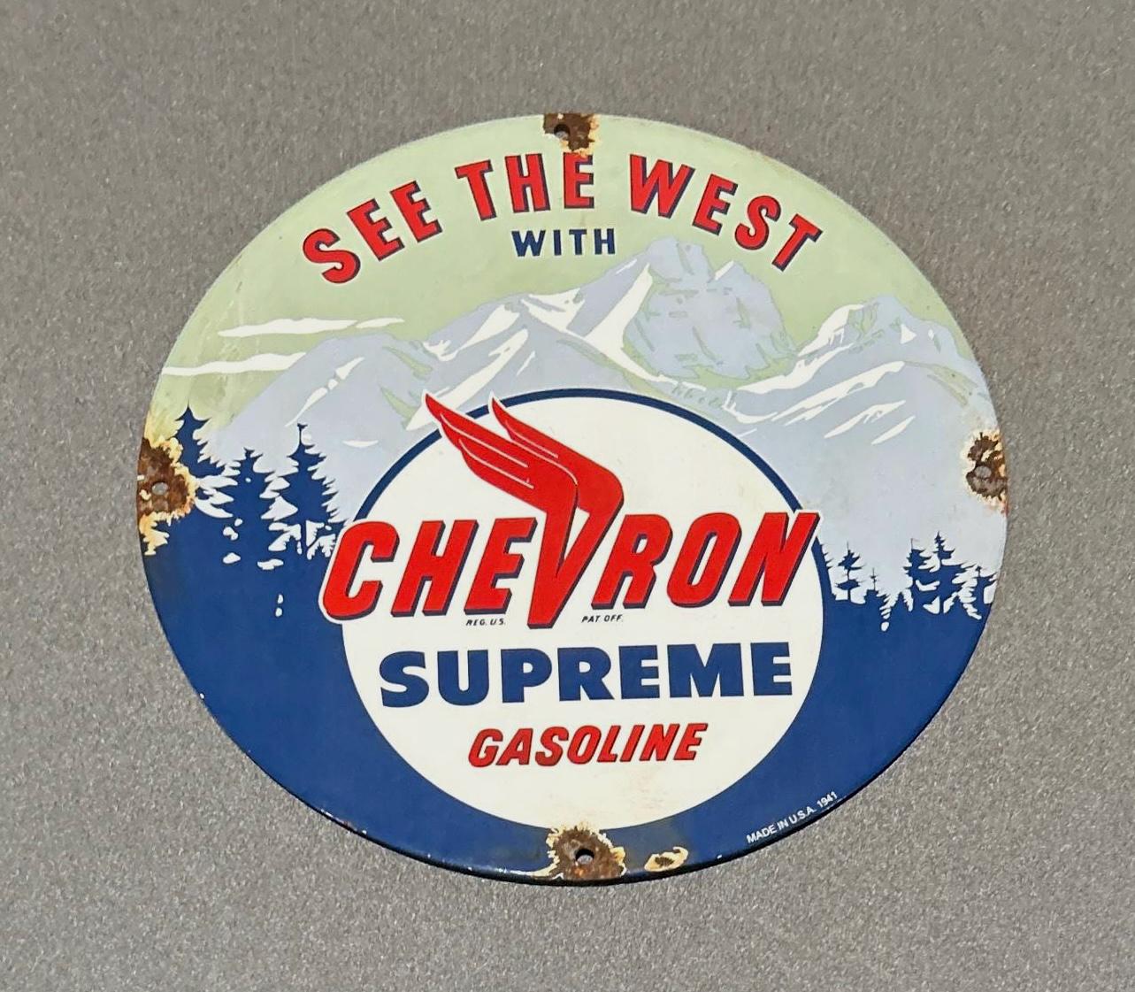 VINTAGE 12” 1941 CHEVRON GASOLINE Porcelain Sign Car Oil Gas Truck