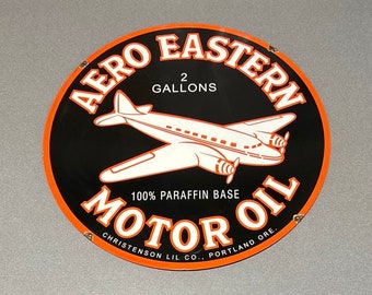 VINTAGE Rare 24” AERO EASTERN Airplane Double sided Dealership Porcelain Sign Gas Oil Car