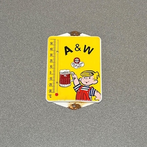 VINTAGE A & W Dennis Menace Root Beer Soda Cola Thermometer Porcelain Sign Car Oil Gas Truck