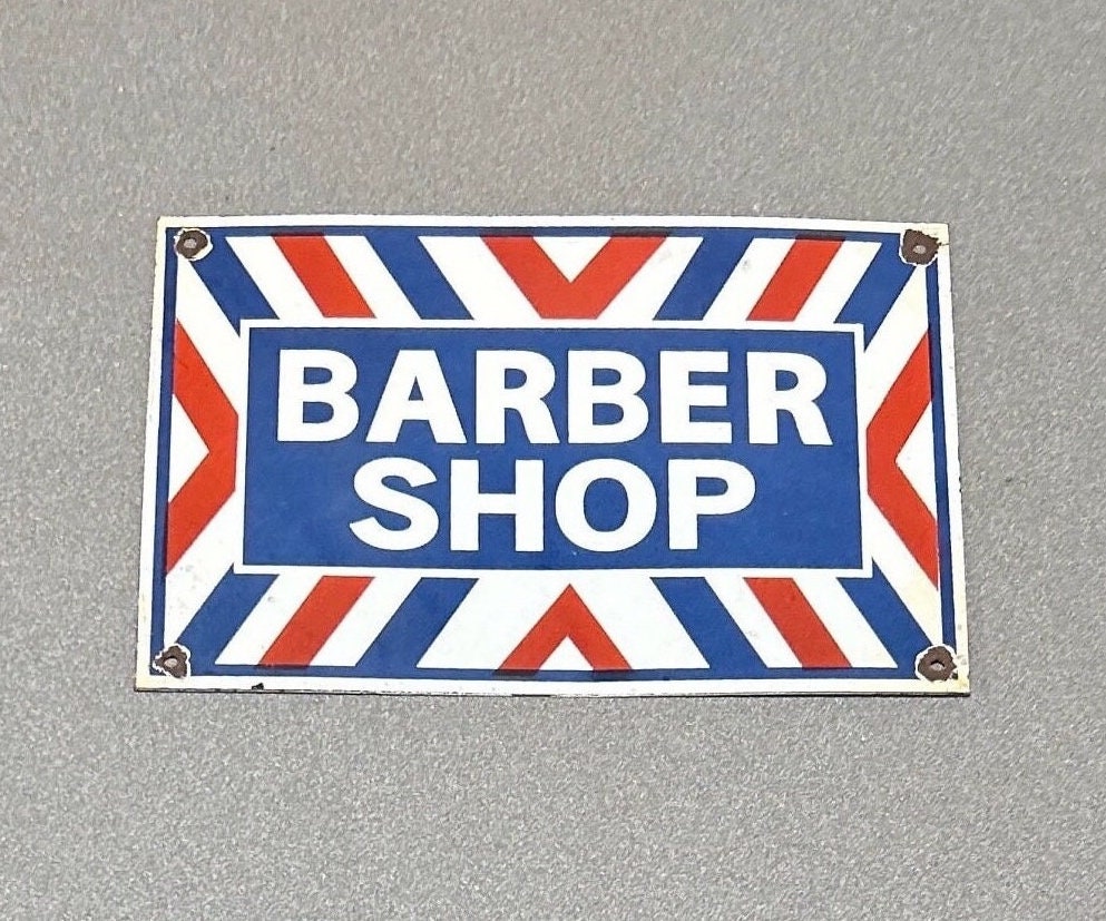 VINTAGE BARBER SHOP 12” Porcelain Sign Car Oil Gas Truck