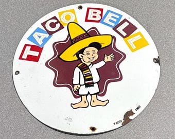 VINTAGE 1962 12” TACO BELL Porcelain Sign Gas Oil Car Motorcycle Truck