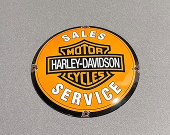 VINTAGE 12” Domed HARLEY DAVIDSON Porcelain Sign Gas Car Oil Truck Motorcycle