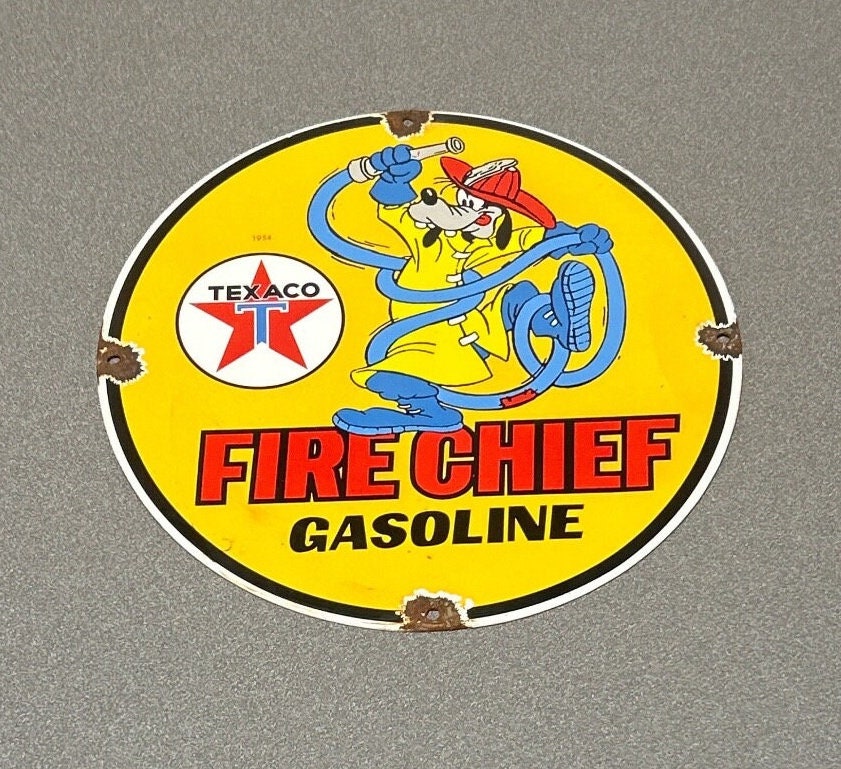 VINTAGE 12” DOMED TEXACO Goofy Porcelain Sign Car Gas Oil Auto Truck Motorcycle