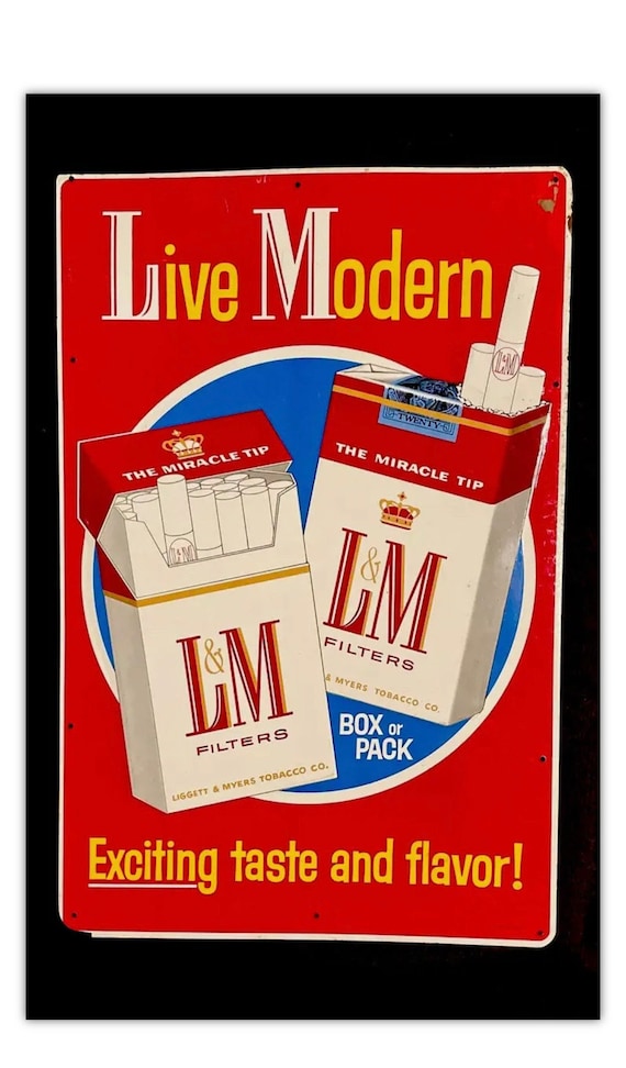 l&m cigarettes price VINTAGE RARE 18” LM Live Modern Cigarettes Tobacco Porcelain Steel Sign Gas  Oil Car