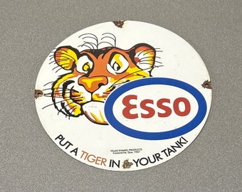 VINTAGE ESSO TIGER Enseigne en porcelaine de 12 po pour voiture mazout, camion