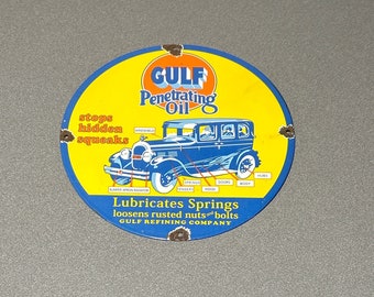 VINTAGE GULF Porzellan Leuchtschild Gas Oil Car, 12 Zoll