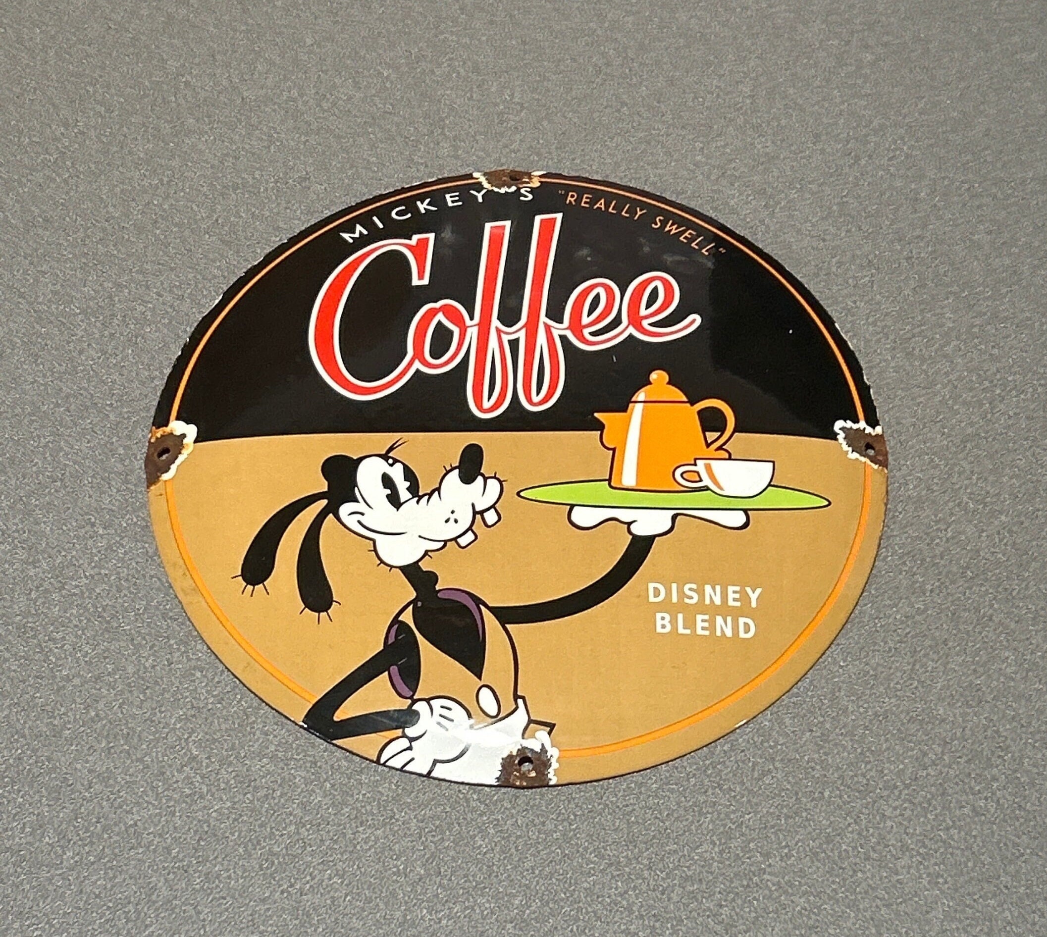 VINTAGE 12” COFFEE DISNEY Mickey Donald Porcelain Sign Car Gas Oil