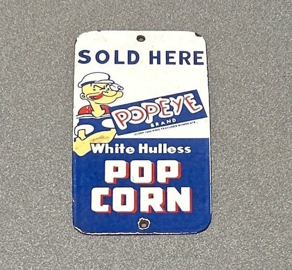 VINTAGE POPEYE POPCORN Door Palm Push Porcelain Sign Car Oil Gas