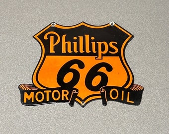 VINTAGE Rare 12” PHILLIPS 66 Porcelain Sign Gas Oil Car