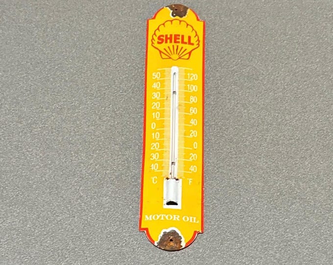 VINTAGE 12” SHELL Thermometer Porcelain Sign Car Oil Gas Truck ...