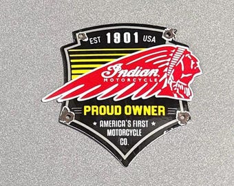 VINTAGE INDIAN BIKE Porcelain Sign Car Truck Gas Oil Motorcycle