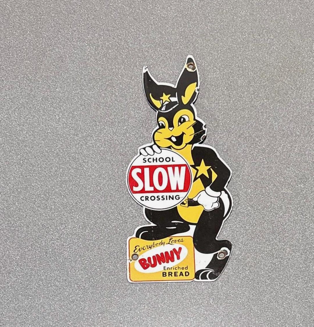 VINTAGE 12” BUNNY BREAD Rabbit Porcelain Sign Car Oil Gas Truck ...