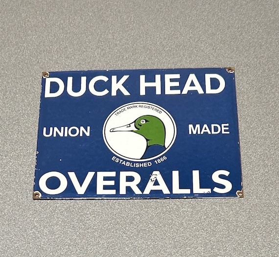 VINTAGE DUCK HEAD Overalls Union Made Porcelain Sign Car Oil Gas