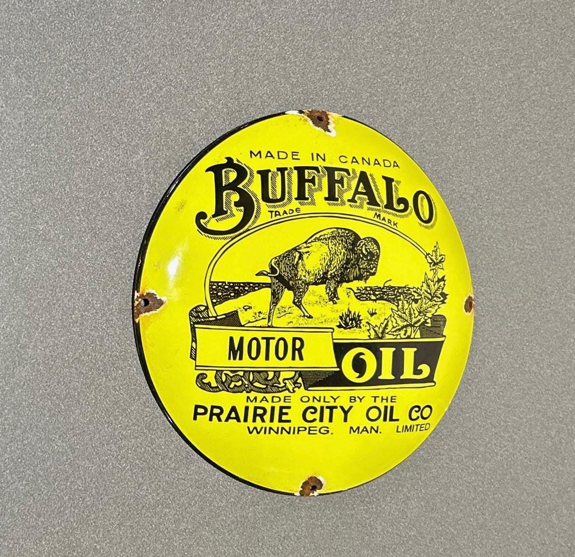 VINTAGE 12” DOMED BUFFALO Gasoline Porcelain Sign Gas Oil Truck Car  Motorcycle, image size:1183x1147