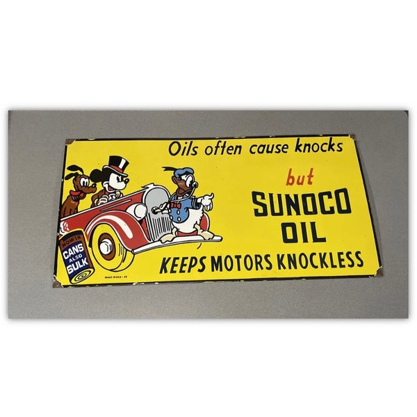 VINTAGE RARE 40” Sunoco Disney Mickey Donald Porcelain Sign Gas Oil Car