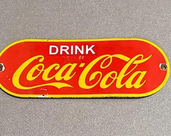 VINTAGE 12 pouces COKE COLA Soda Porte Paume Push Porcelaine Plaque Voiture Pétrole Gaz Camion Moto