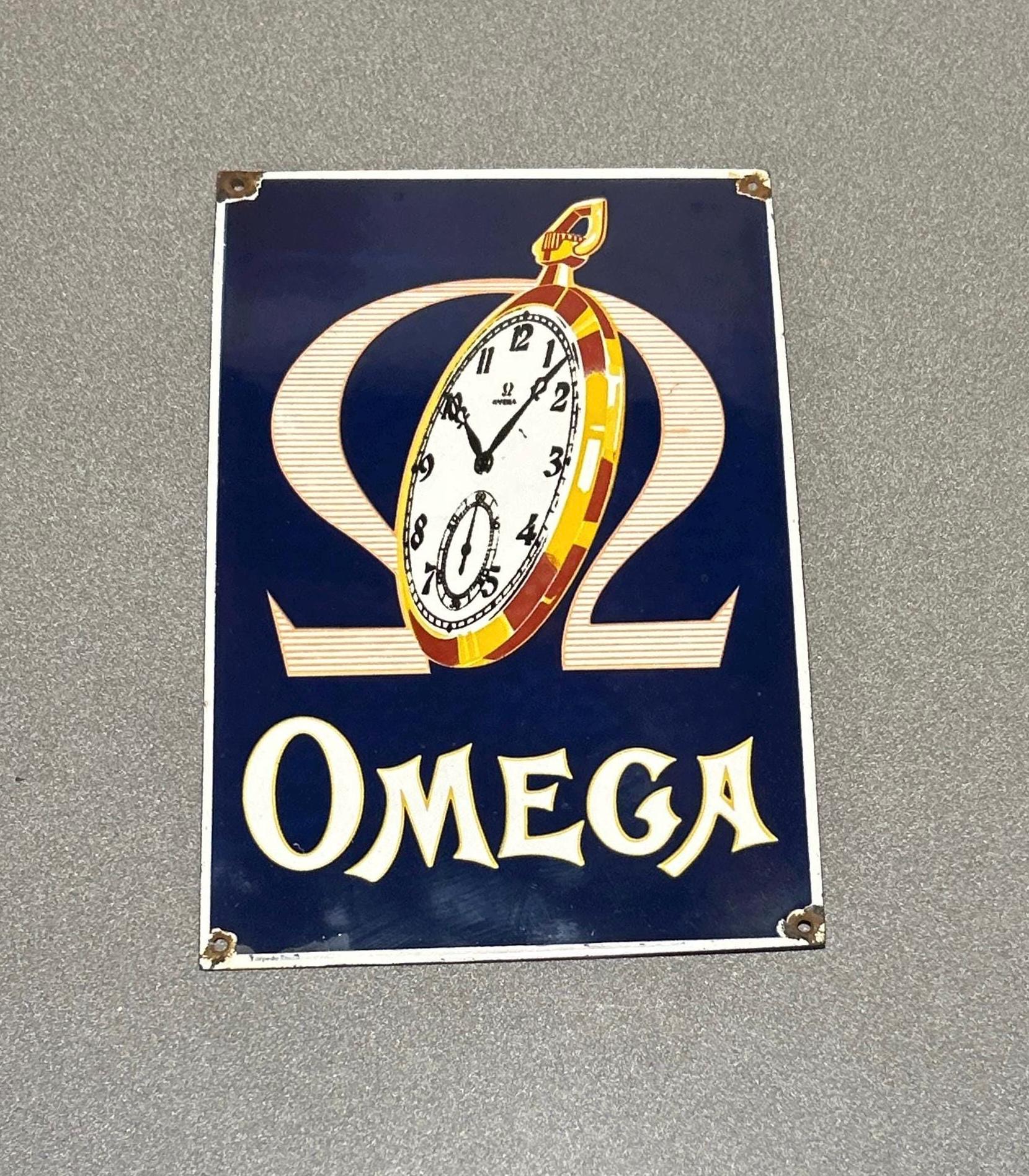 VINTAGE Rare 12” OMEGA WATCH Jewelry Company Porcelain Sign Gas