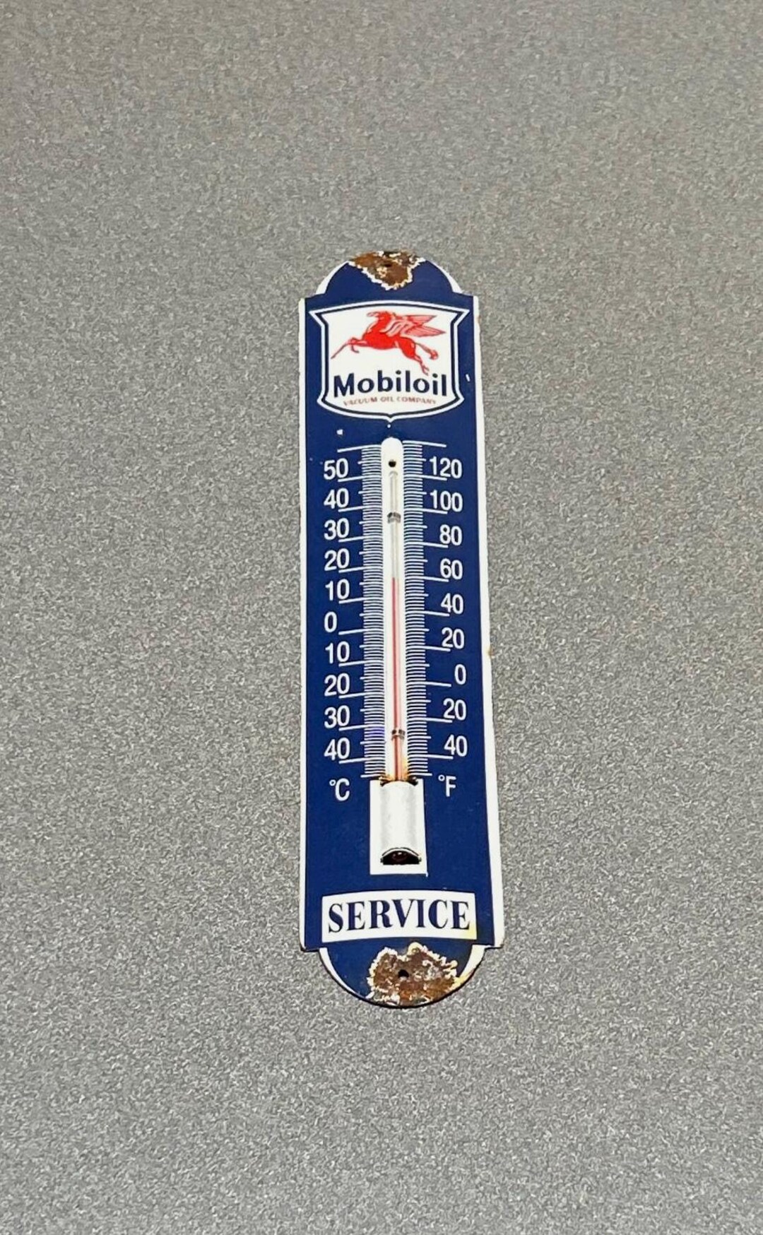 VINTAGE 12” MOBIL PEGASUS Gargoyle Thermometer Porcelain Sign Car Oil ...