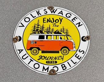 VINTAGE 1950 VW VOLKSWAGEN Bus Porcelain Sign Car Truck Gas Oil Motorcycle
