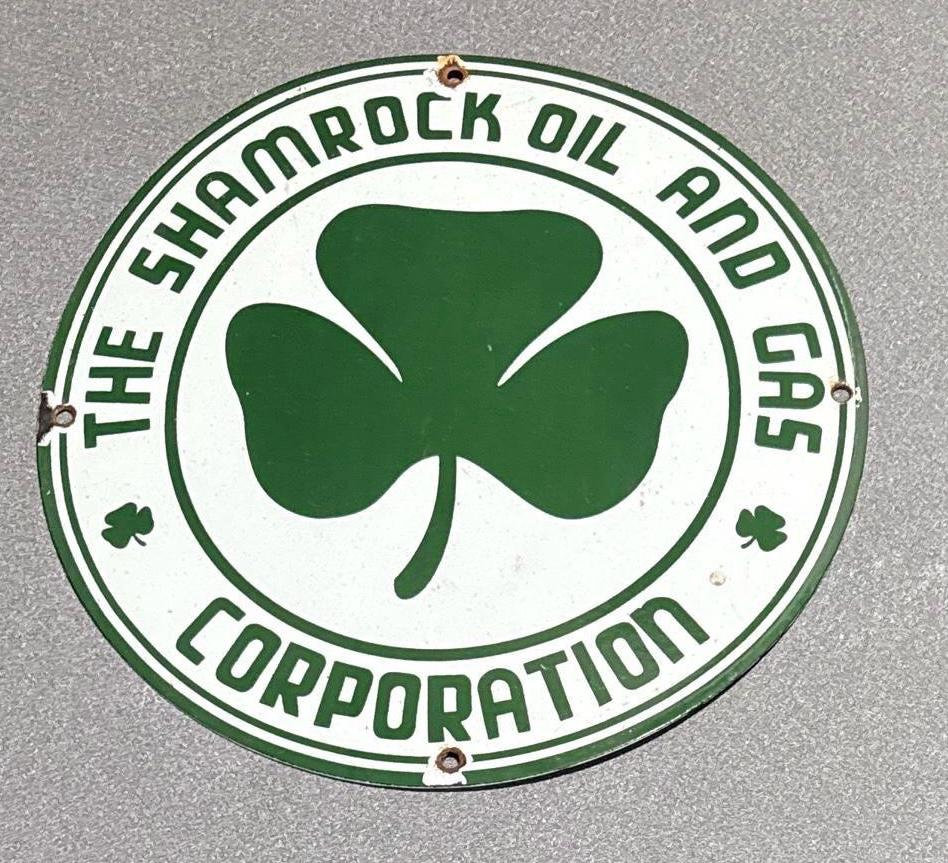 VINTAGE 12” SHAMROCK GASOLINE Porcelain Sign Gas Oil Car