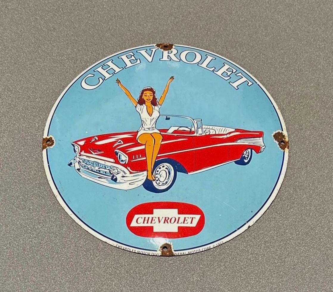 VINTAGE 12” 1957 DOMED CHEVY Chevrolet Porcelain Sign Car Gas Oil Auto Truck Motorcycle