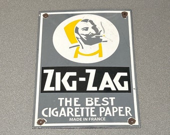 Cartine per sigarette VINTAGE da 14" a ZIG-ZAG, insegna in porcellana per auto, benzina, camion e motocicletta
