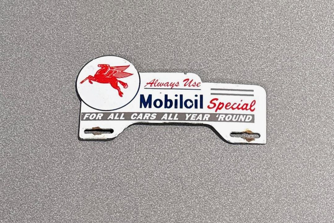 VINTAGE MOBIL PEGASUS Plate Topper Porcelain Sign Car Truck Motorcycle ...