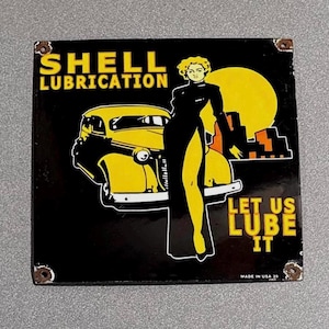 VINTAGE 1939 SHELL GASOLINE Porcelain Sign Car Motorcycle Truck Gas Oil
