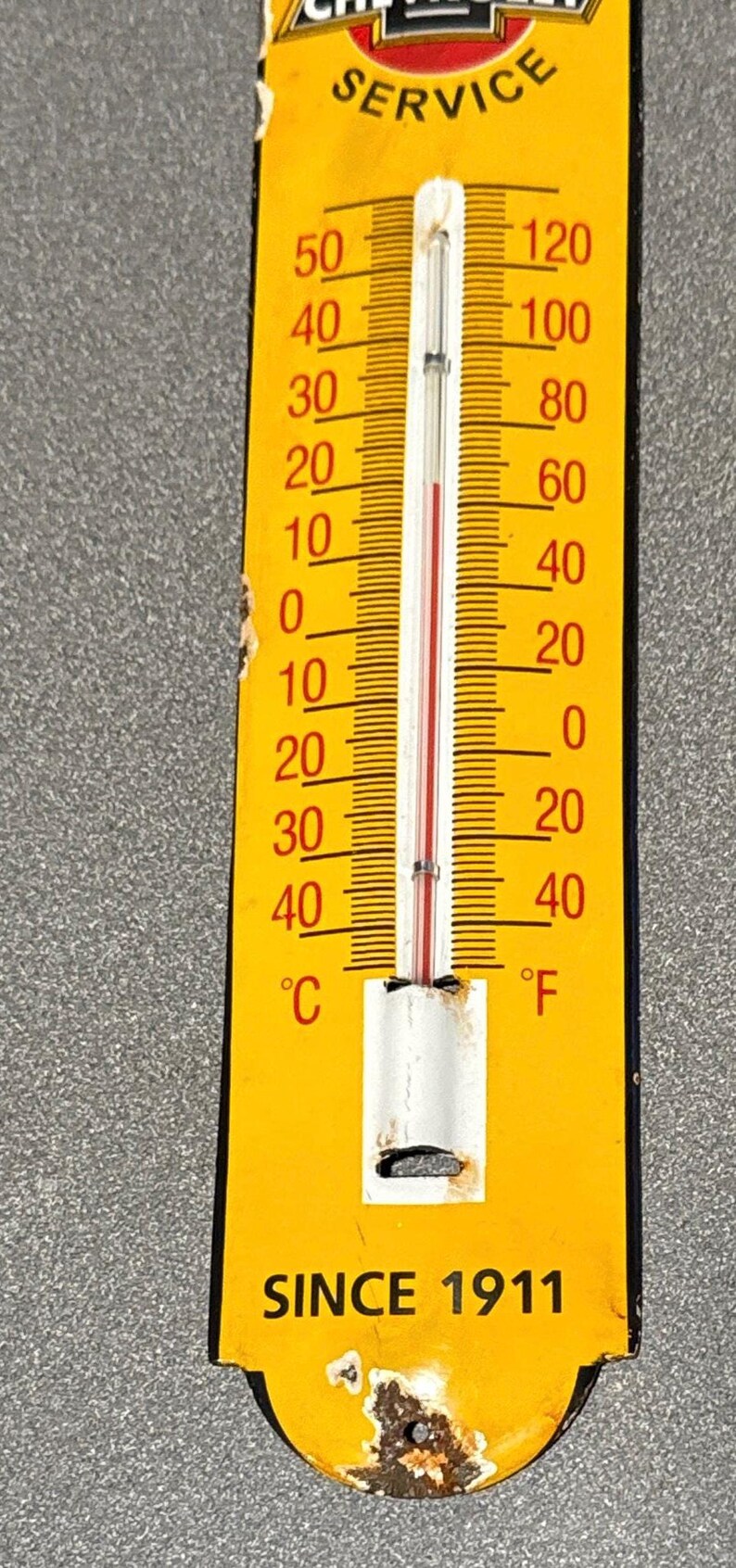 VINTAGE 12” CHEVY CHEVROLET Thermometer Porcelain Sign Car Oil Gas ...