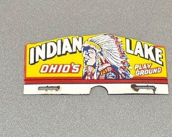 VINTAGE Rare 12” INDIAN LAKE Plate Topper Porcelain Sign Gas Oil Car