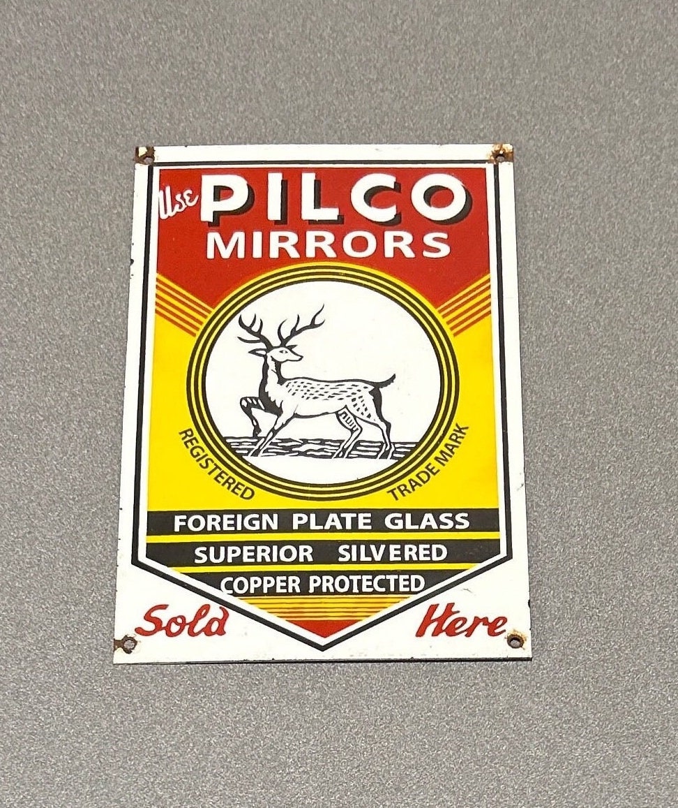 VINTAGE Rare PILCO MIRRORS Deer Porcelain Sign Gas Oil Car