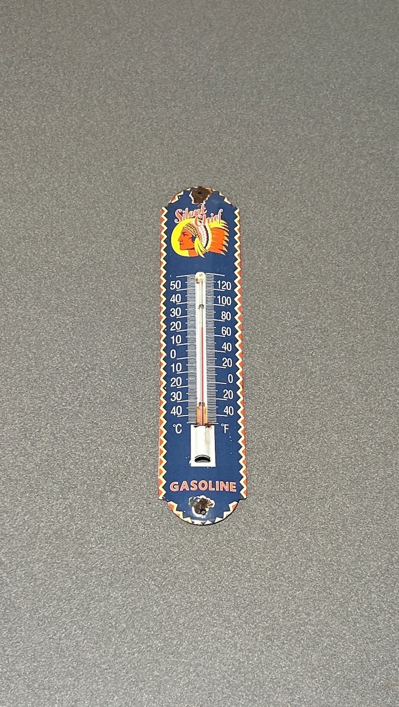 VINTAGE SILENT CHIEF 12” Thermometer Porcelain Sign Car Oil Gas Truck ...