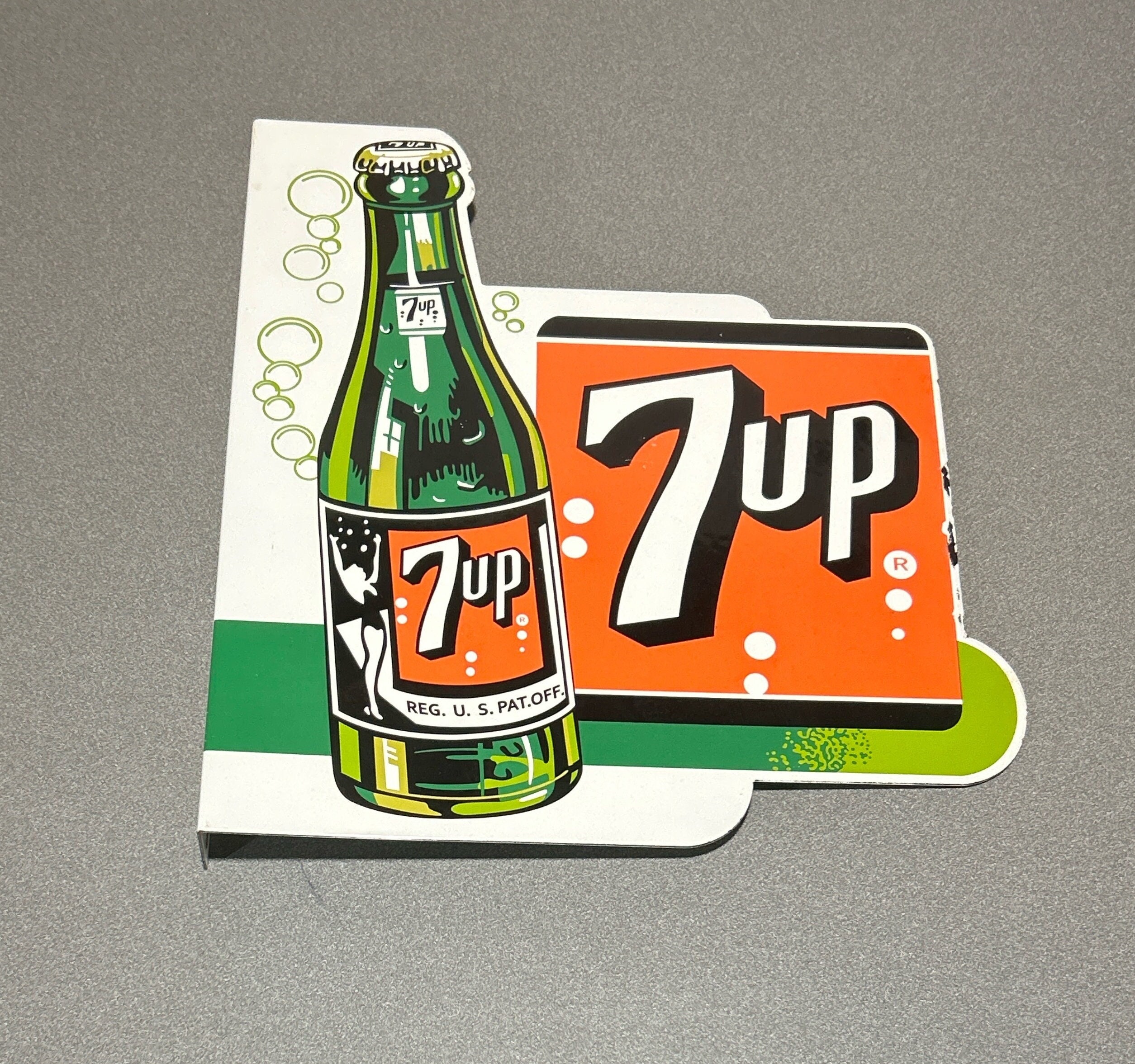 VINTAGE 7UP SODA 18” Double Sided Flanged Porcelain Sign Car Oil