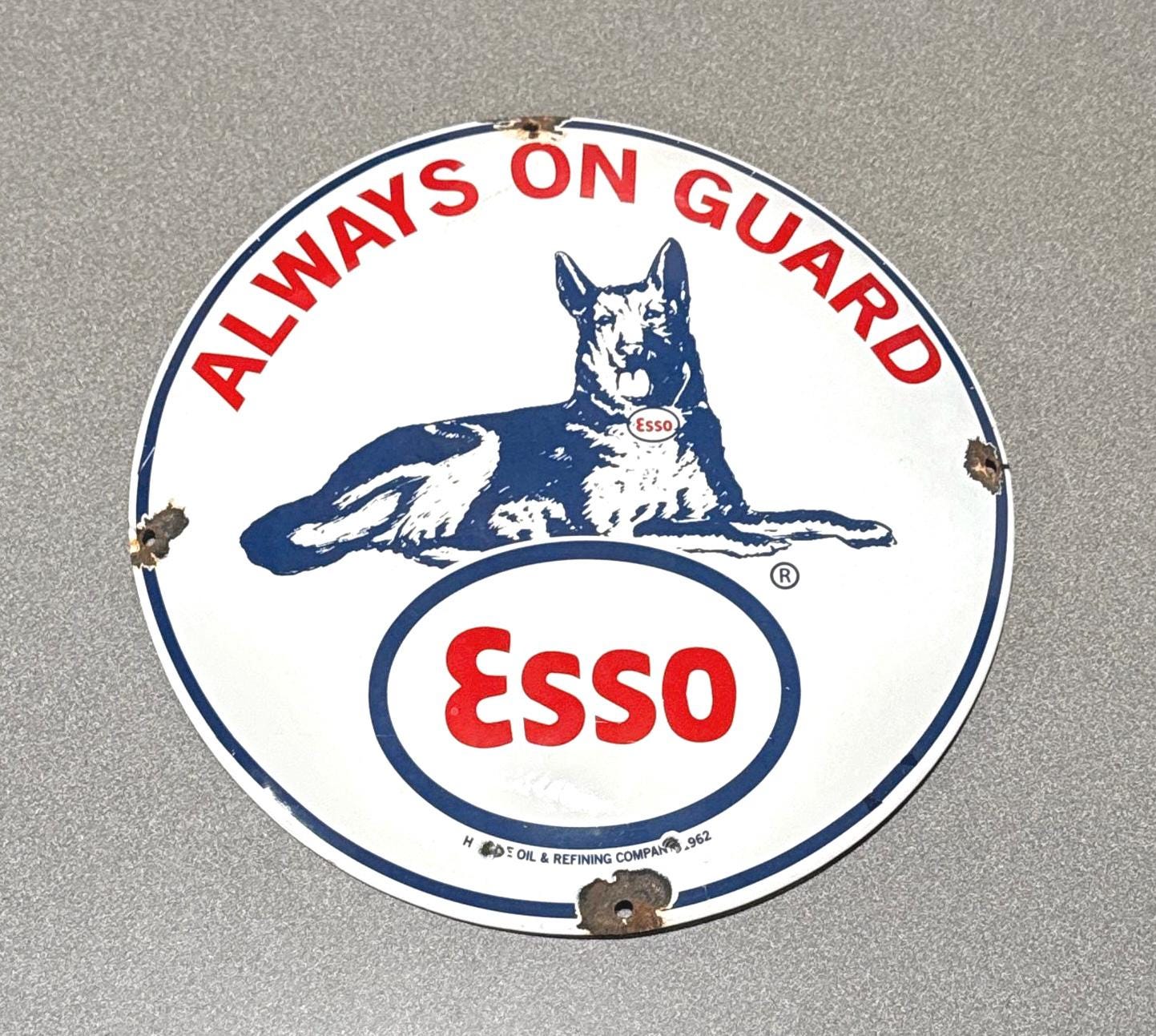 VINTAGE 12” 1962 DOMED ESSO Dog German Shepard Porcelain Sign Car