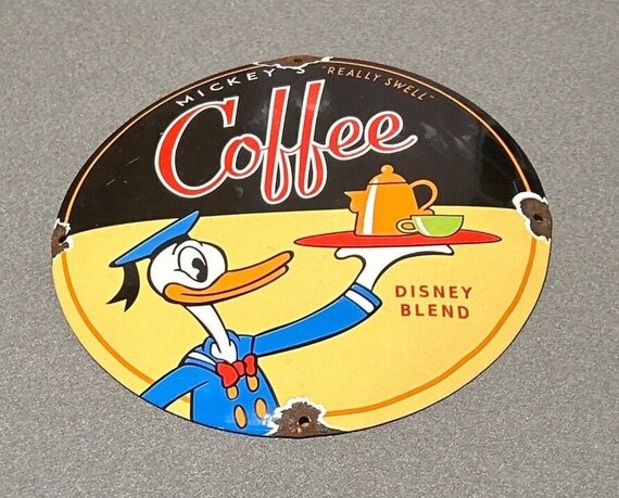 VINTAGE 12” COFFEE DISNEY Mickey Donald Porcelain Sign Car Gas Oil