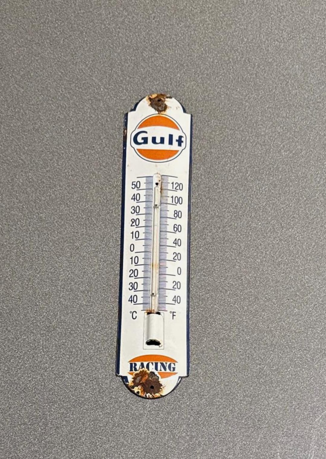 VINTAGE 12” GULF GASOLINE Thermometer Porcelain Sign Car Oil Gas Truck ...